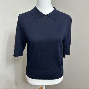 Leith Women's M Collared Blouse Top Navy Knit Shirt Fall‎ A3